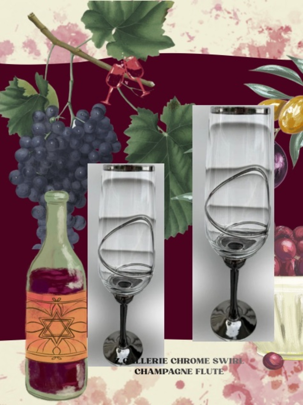 Pr. Z Gallerie 12” Champagne Flutes with Chrome/Silver Swirl Stem.